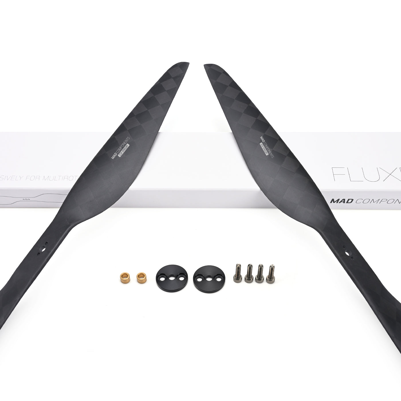 MAD CB2 PRO 17x5.8 inch Carbon Fiber Propeller, MAD CB2 PRO 17x5.8 carbon fiber propeller set with two black blades, hub plates, nuts and screws