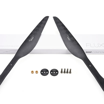 MAD CB2 PRO 17x5.8 inch Carbon Fiber Propeller, MAD CB2 PRO 17x5.8 carbon fiber propeller set with two black blades, hub plates, nuts and screws
