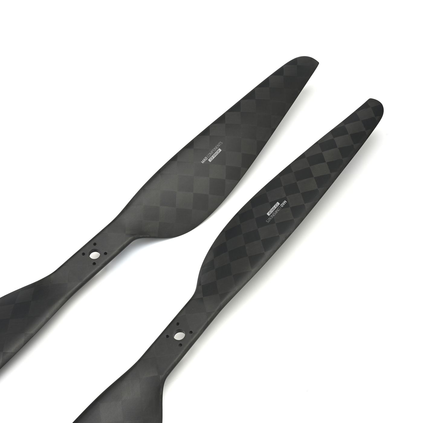 MAD CB2 PRO 27x8.8in carbon fiber propeller blades with checkered weave and dual mounting holes