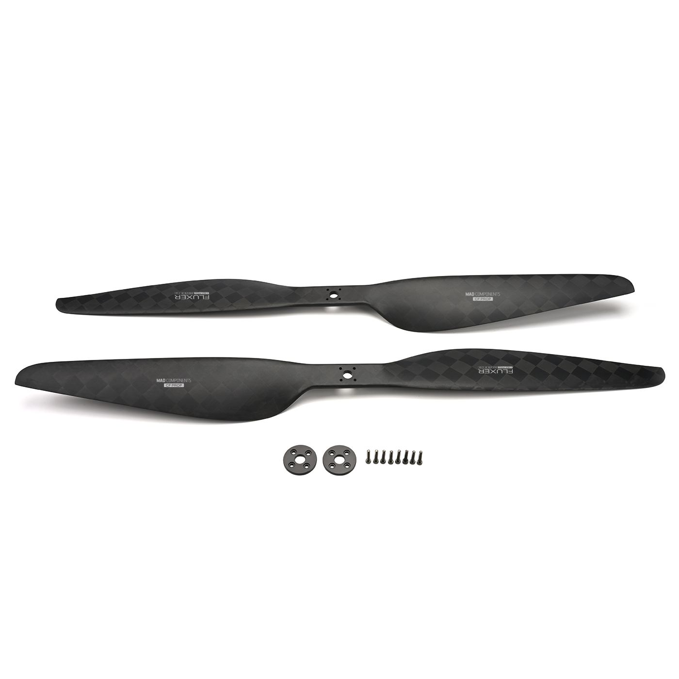 MAD CB2 PRO 24x7.2in carbon fiber propeller set with two blades, hub plates, and mounting screws