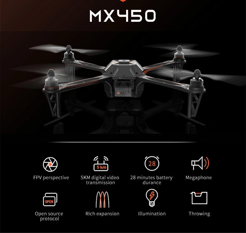 Skydroid MX450 Training Drone, MX450 28 Skm FPV perspective SKM digital video 28 minutes battery Megaphone