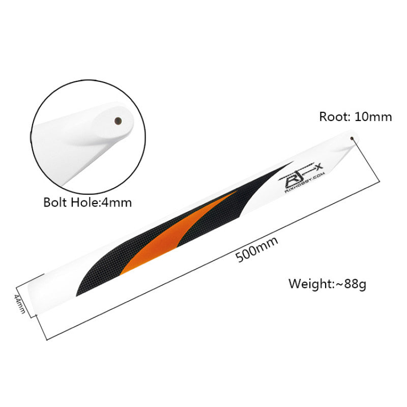 RJXHOBBY 500mm carbon fiber RC helicopter main blade with orange/black design, 4mm bolt hole and 44mm width