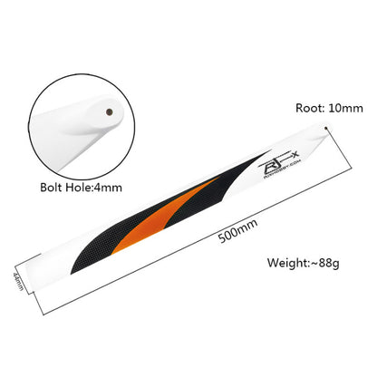 RJXHOBBY 500mm carbon fiber RC helicopter main blade with orange/black design, 4mm bolt hole and 44mm width
