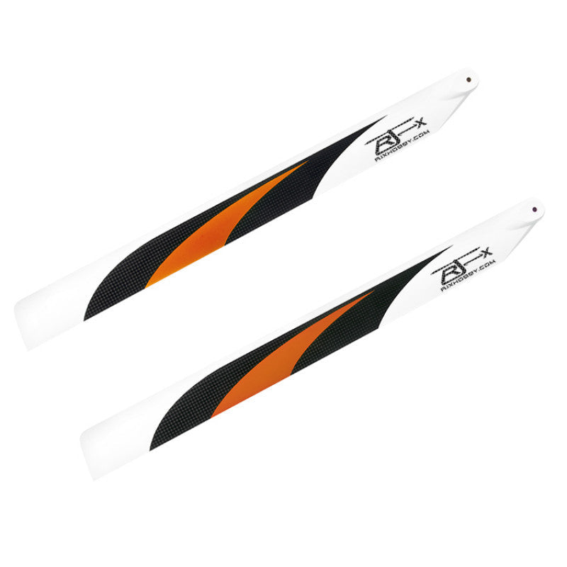 Pair of RJXHOBBY 500mm carbon fiber RC helicopter main blades in white with orange and black weave pattern