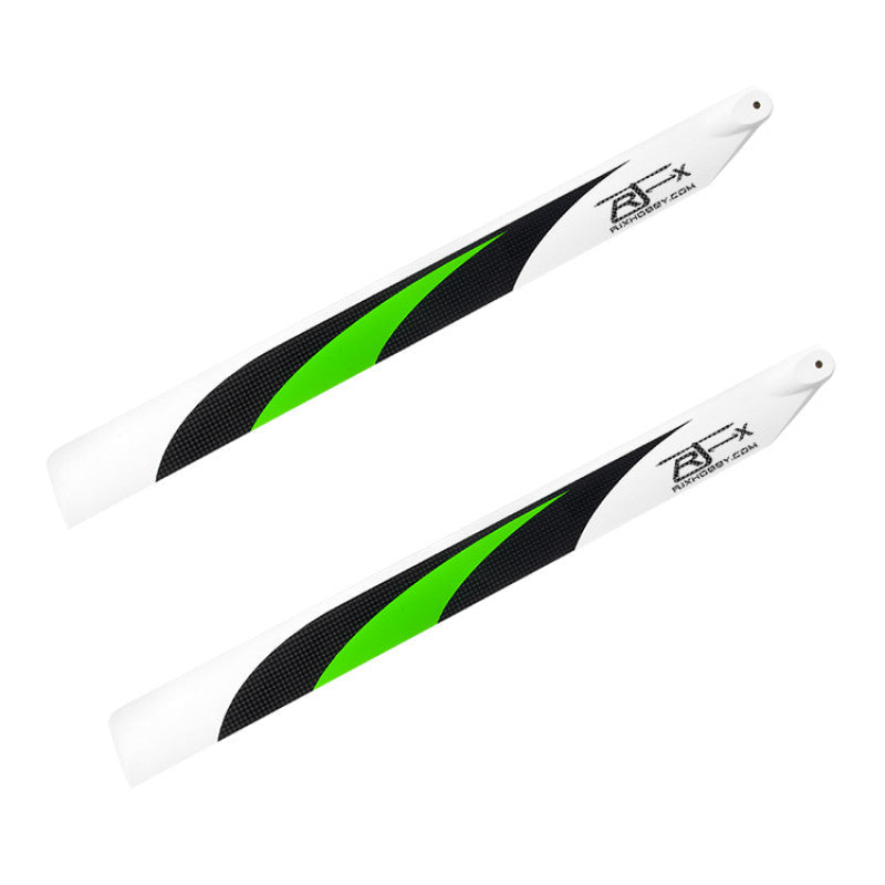 Pair of RJXHOBBY 500mm carbon fiber helicopter main blades in green, black, and white with mounting holes