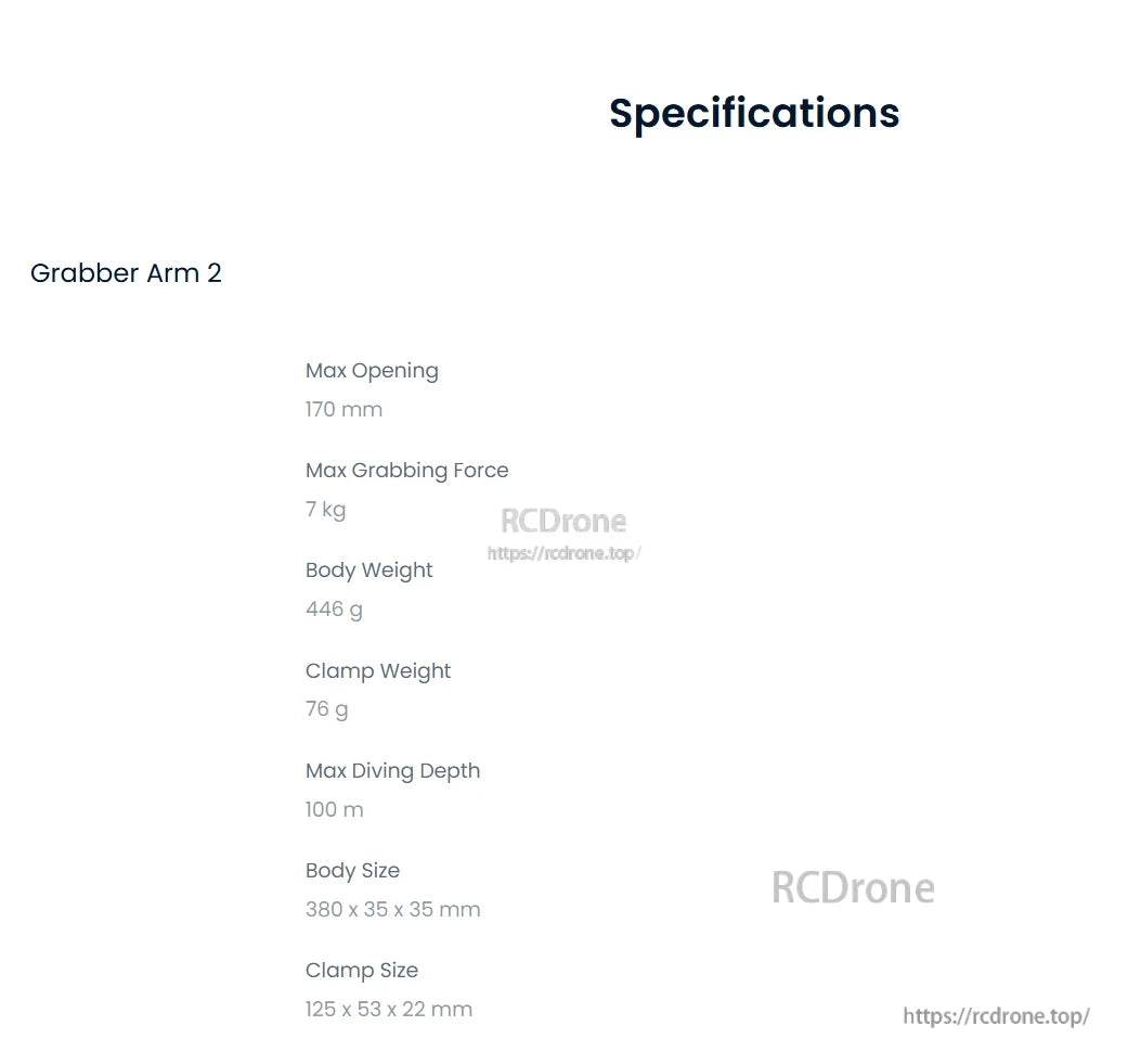 CHASING Grabber Arm 2, Grabber Arm: 170mm max opening, 7kg force, 446g body, 76g clamp, 100m depth, compact dimensions.