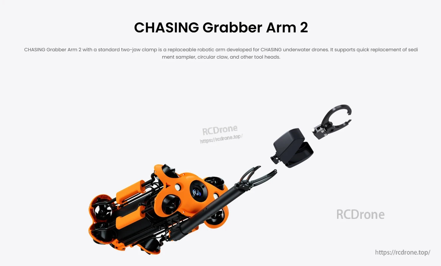 CHASING Grabber Arm 2 is a modular robotic arm with interchangeable tool heads and a standard two-jaw clamp for underwater drones.