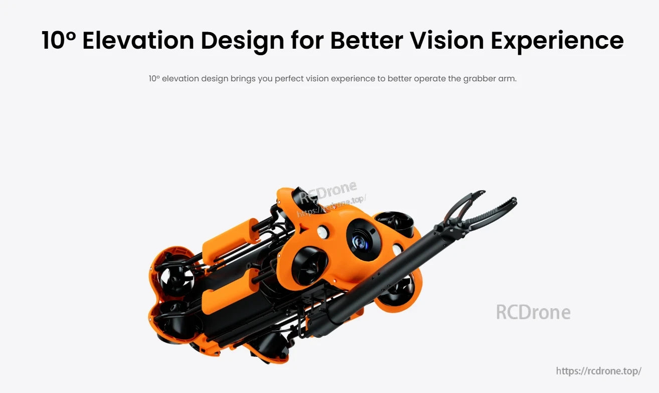 CHASING Grabber Arm 2, Orange robot with black claws and camera; 10° elevated design improves visibility for precise grabber arm control.