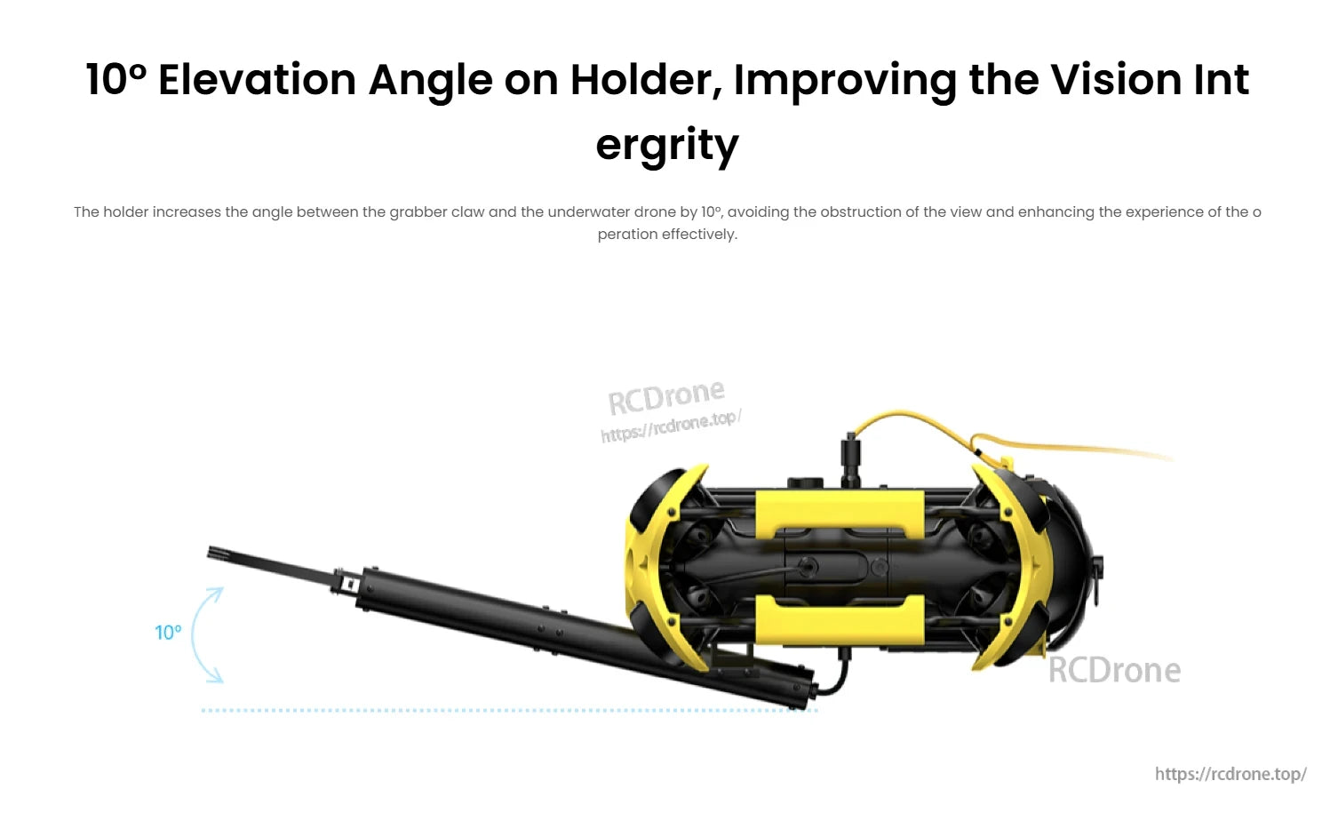 CHASING M2 ROV Gripper, Holding device improves vision integrity by increasing elevation angle 10 degrees, reducing obstruction risks and boosting underwater drone operations.