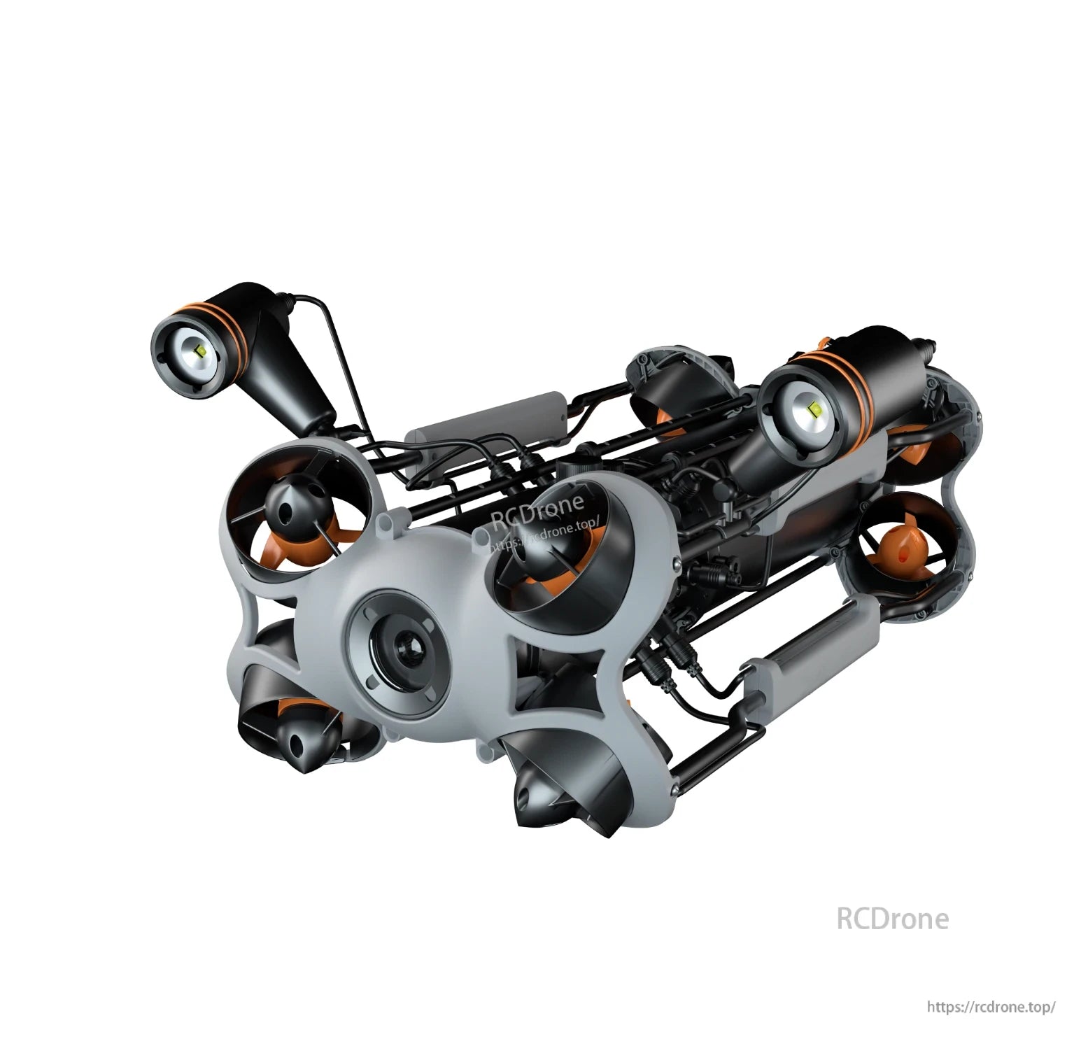 Underwater ROV with 4K/EIS camera, dual lights, and 5-port mount for capturing images up to 12MP depth rating.