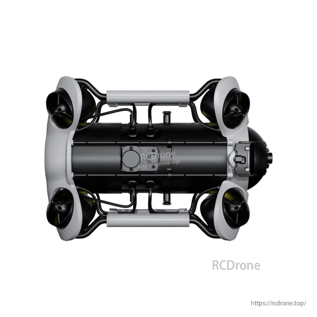 4K underwater ROV with 100m depth, 8 thrusters for omni-directional control, 4000 lm lights, and light-industrial drone design.