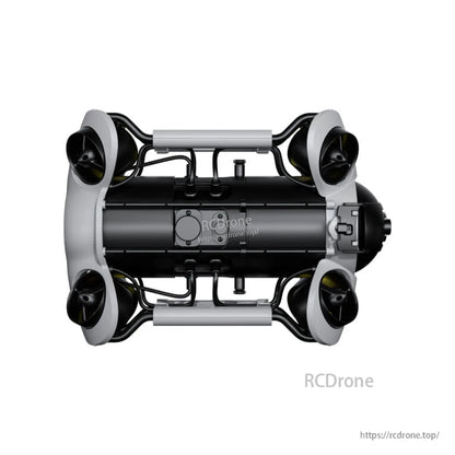 4K underwater ROV with 100m depth, 8 thrusters for omni-directional control, 4000 lm lights, and light-industrial drone design.
