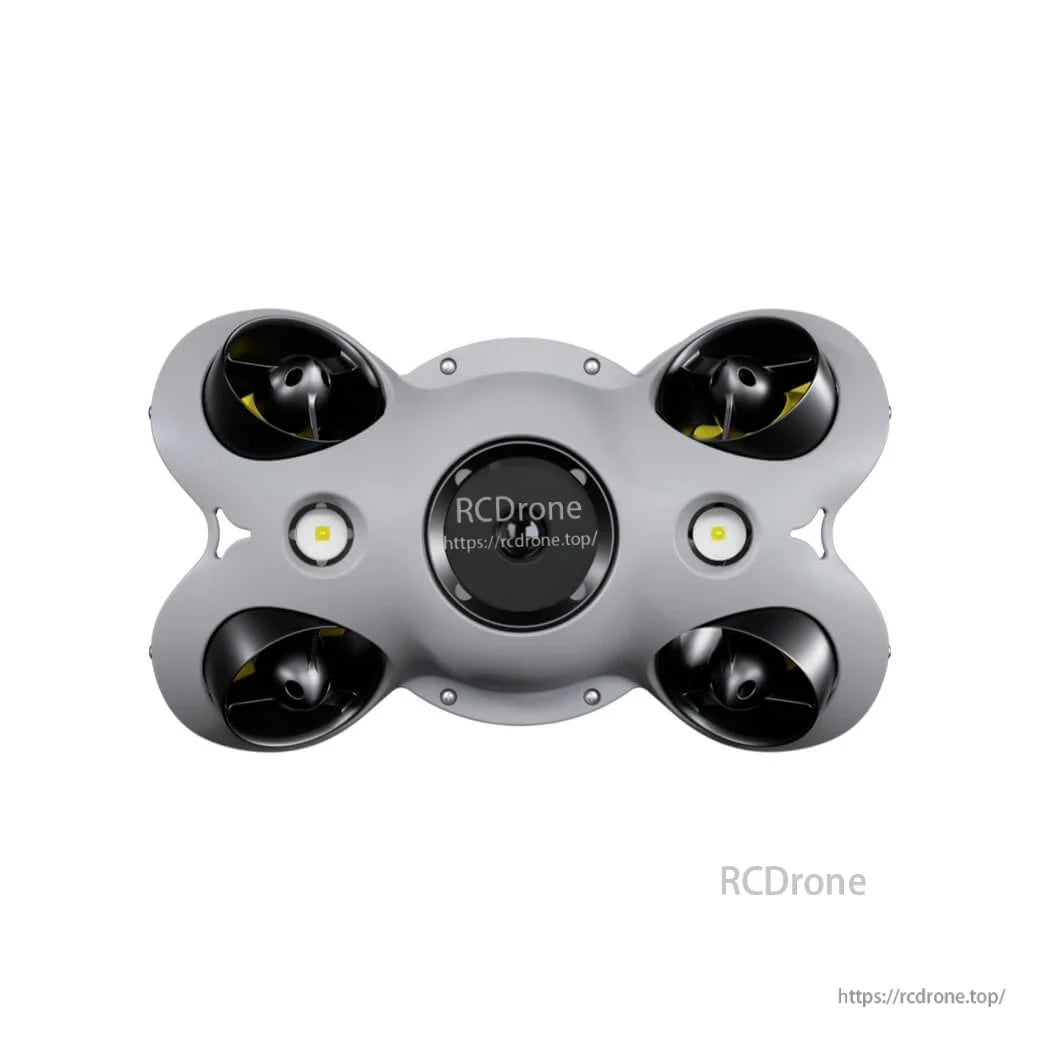 4K underwater ROV with 100m depth, 8 thrusters for omni-directional control, 4000 lm lights, and light-industrial design.