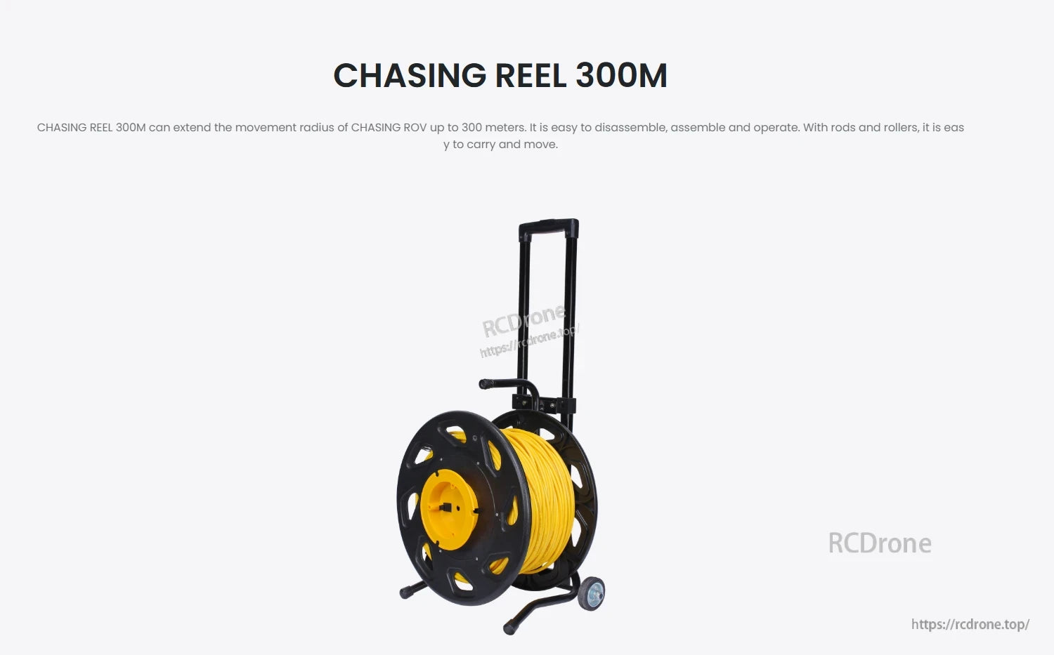 CHASING REEL 300M extends ROV range to 300m, featuring easy assembly, operation, and transport with rods, rollers, and wheels.