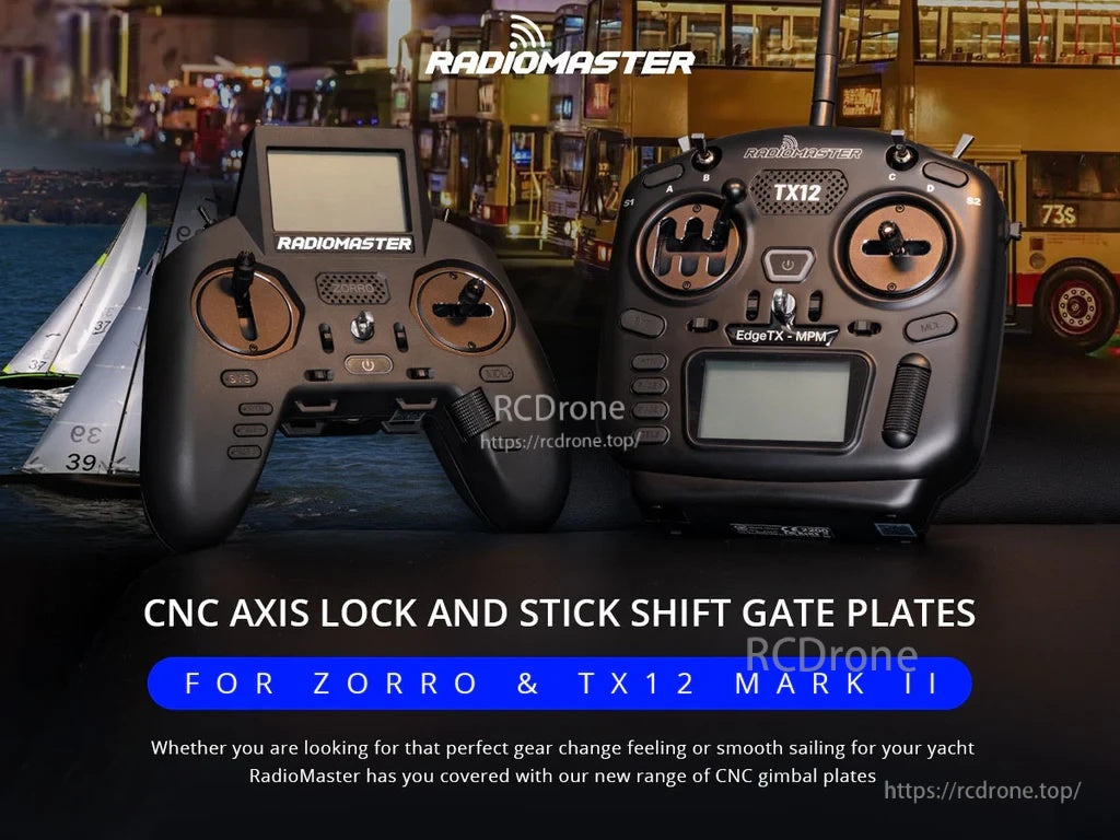 RadioMaster CNC axis lock and stick shift gate plates for Zorro & TX12 Mark II controllers (promo graphic)