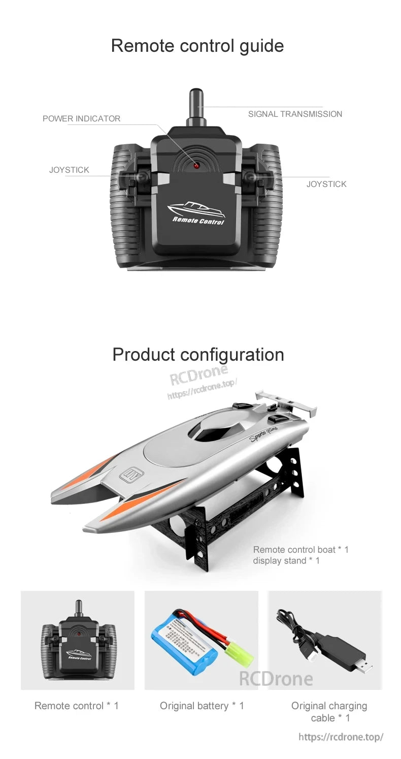 CONUSEA 805 RC Boat, RC boat with remote control, battery, charger, and display stand included.