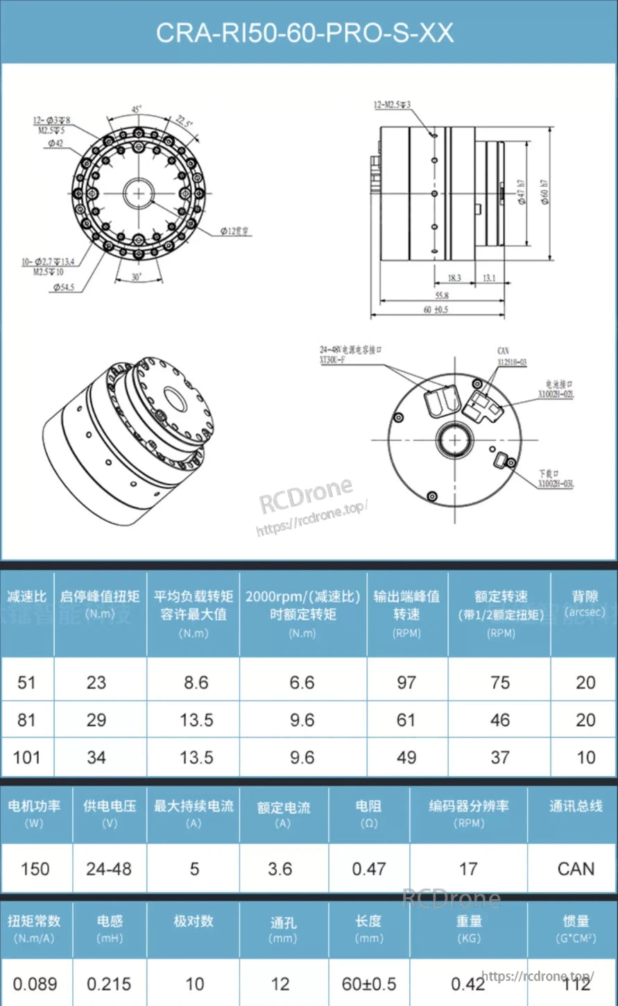 CRA RI50 PRO Robotic Actuator, CRA-RI50-60-PRO-S-XX robotic actuator: 150W motor, 24-48V, CAN, high torque, precise encoder, compact design, multiple gear ratios for robotics.