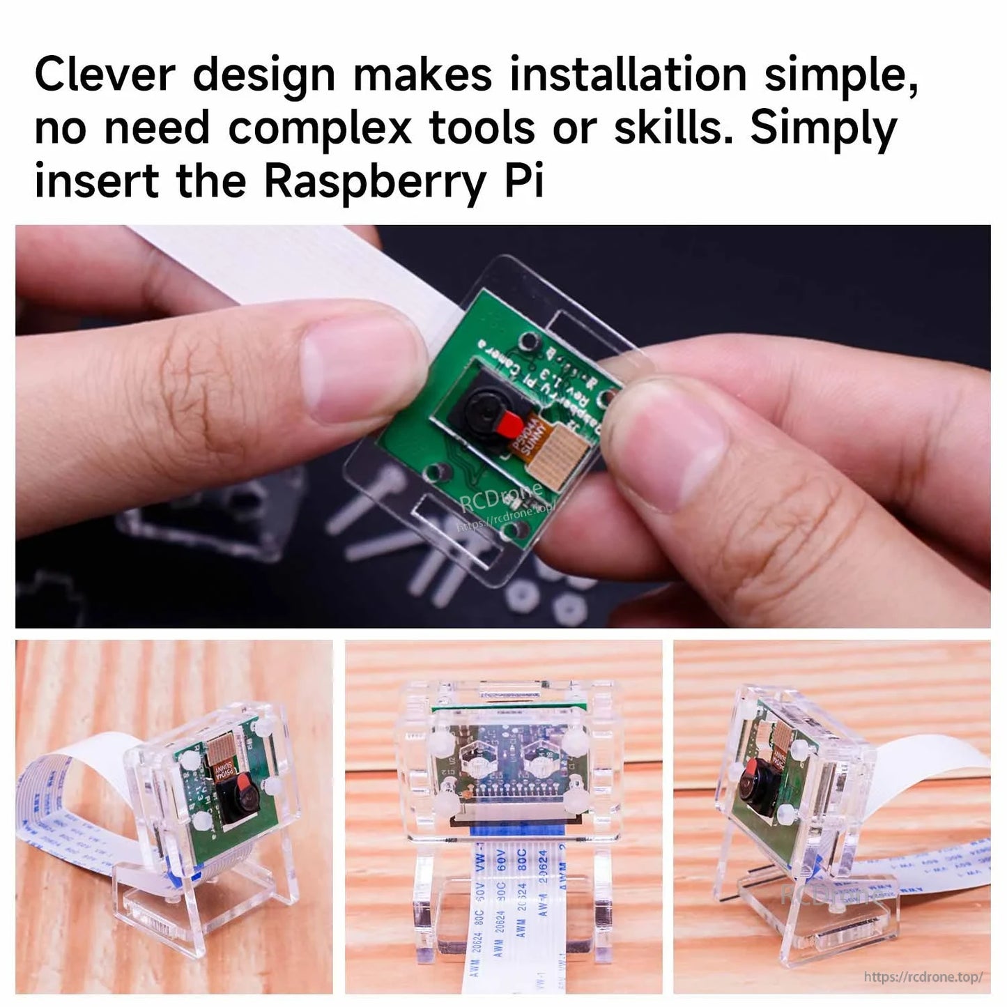 Installation steps collage: inserting camera board into acrylic case and assembled unit on stand with cable