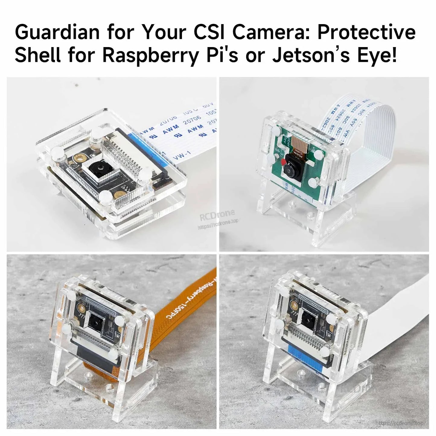 CSI camera acrylic protective case and stand collage showing multiple installed views and orientations