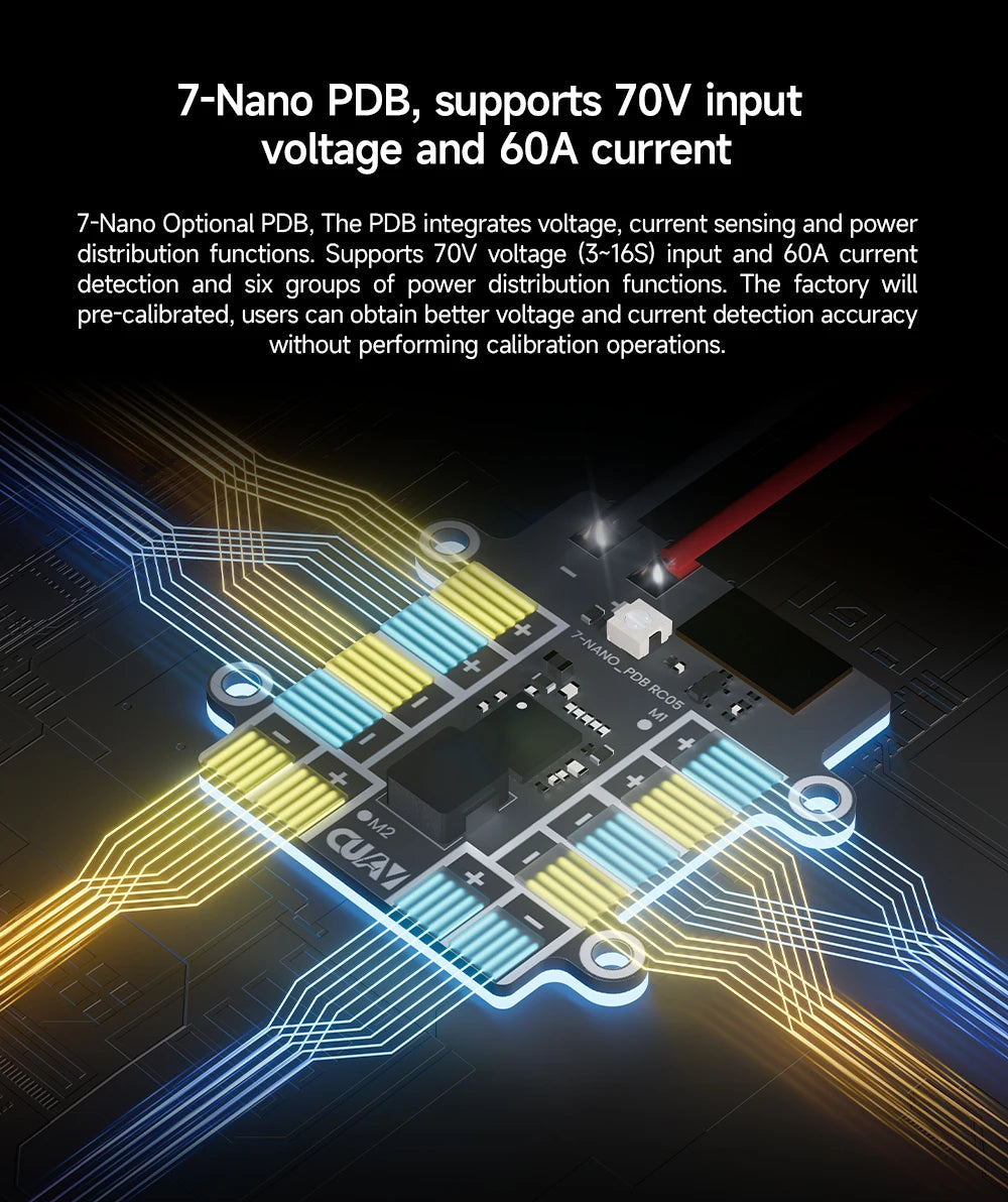 CUAV 7-Nano Autopilot Flight Controller, The 7-Nano Autopilot Flight Controller power distribution board (PDB) supports up to 70V input voltage and 60A current.