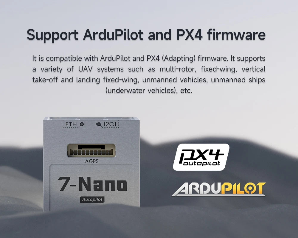 The CUAV 7-Nano Autopilot Flight Controller supports various UAV systems and is compatible with ArduPilot and PX4 firmware.