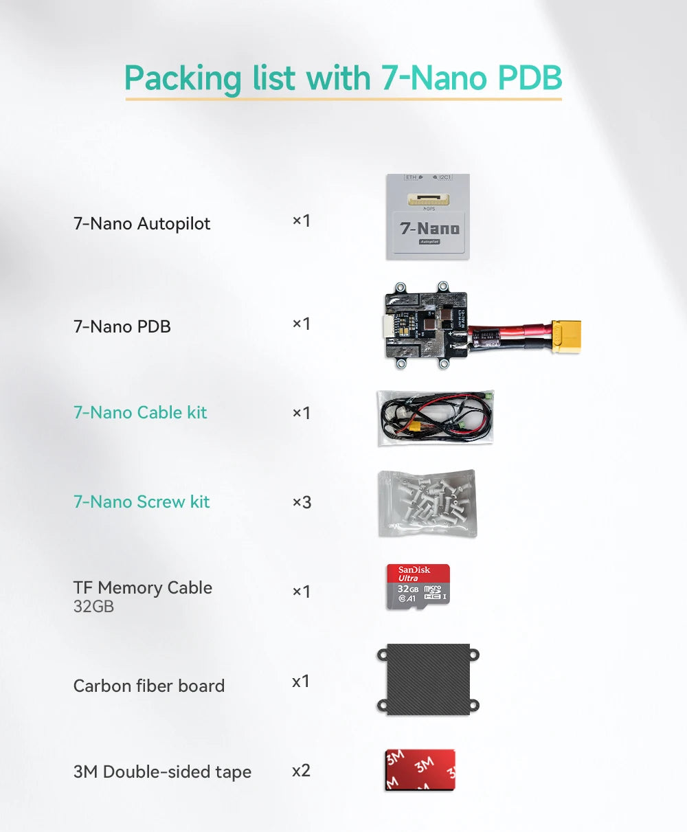 CUAV 7-Nano Autopilot Flight Controller comes with multiple components including screws kits, memory card, carbon fiber board, and double-sided tapes.