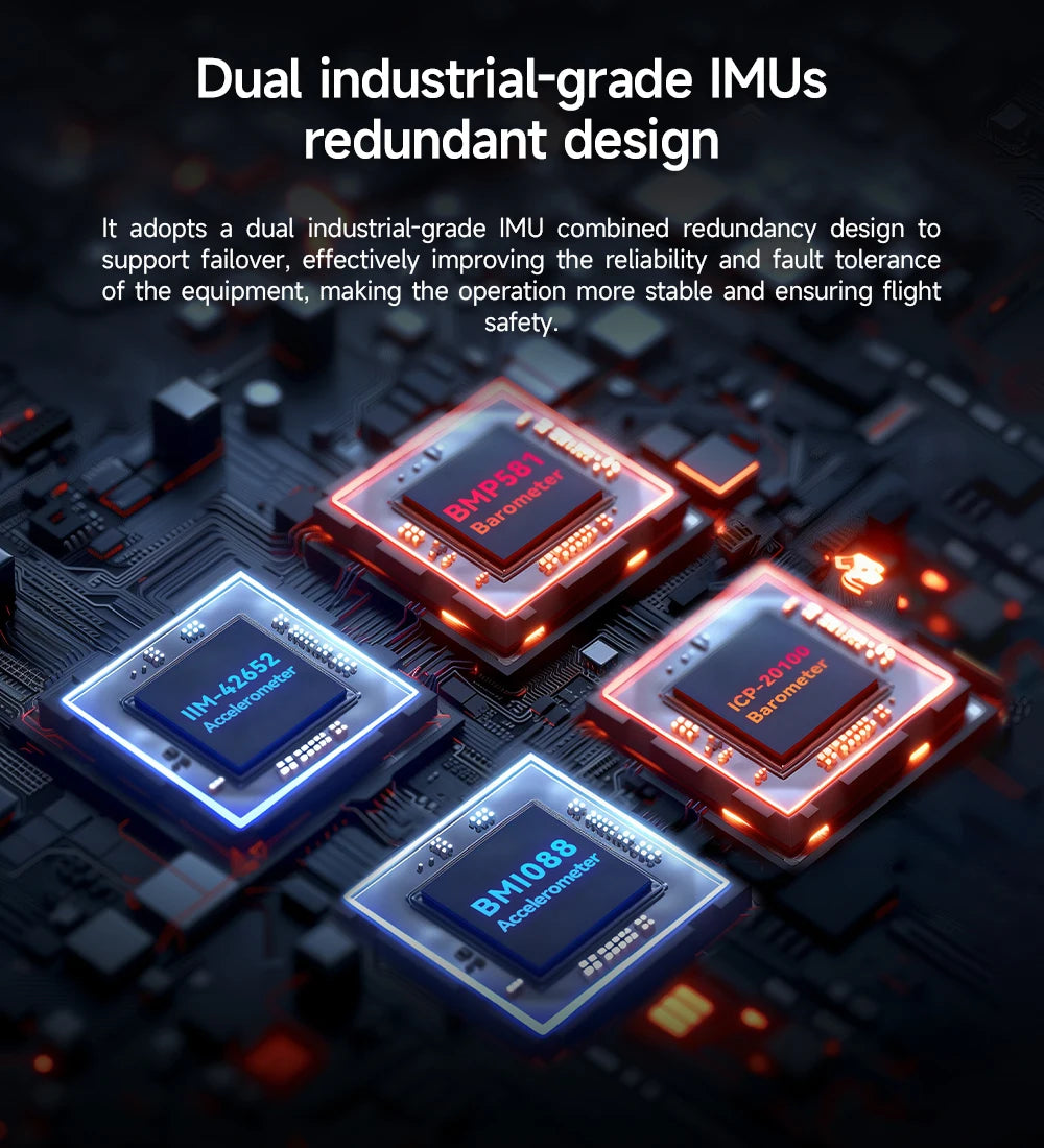 The CUAV 7-Nano Autopilot Flight Controller has a redundant IMU design for improved reliability and fault tolerance.