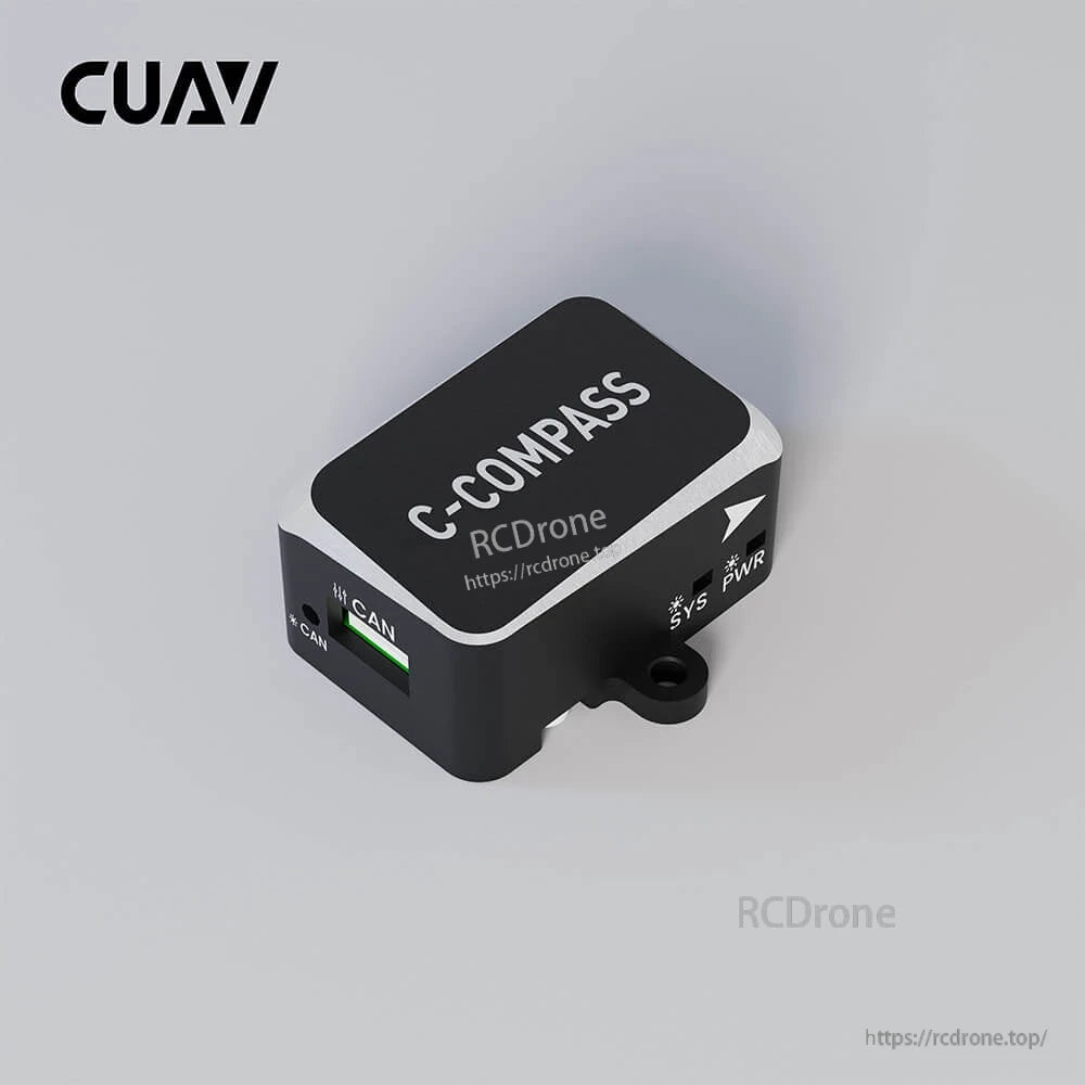 CUAV C-Compass external magnetometer module with CAN port, SYS/PWR indicator LEDs, and mounting tab