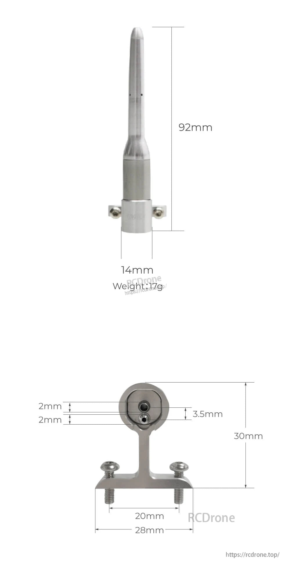 CUAV MS4525 Airspeed Sensor, Airspeed sensor with compact design, measures 92mm x 14mm weighing 17g, dimensions: 20mm x 30mm x 28mm.