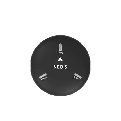 CUAV NEO 3 GPS module with round black housing, orientation arrow, and Safety and GPS Fix indicator labels