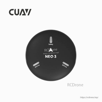 CUAV NEO 3 GPS module in round black puck housing with Safety and GPS Fix status indicator lights