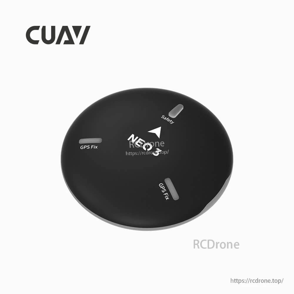 CUAV NEO 3 GPS puck module with safety and GPS fix indicator labels and an orientation arrow on top