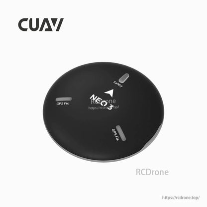 CUAV NEO 3 GPS puck module with safety and GPS fix indicator labels and an orientation arrow on top