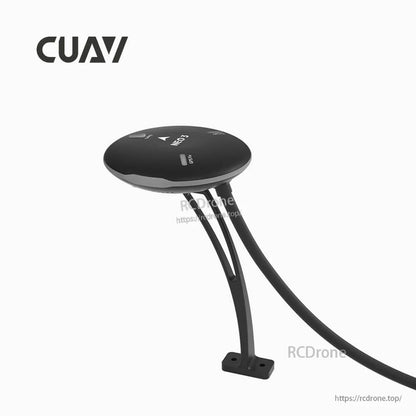 CUAV NEO 3 GPS module with round puck housing, mast mount bracket, and attached cable for drone builds