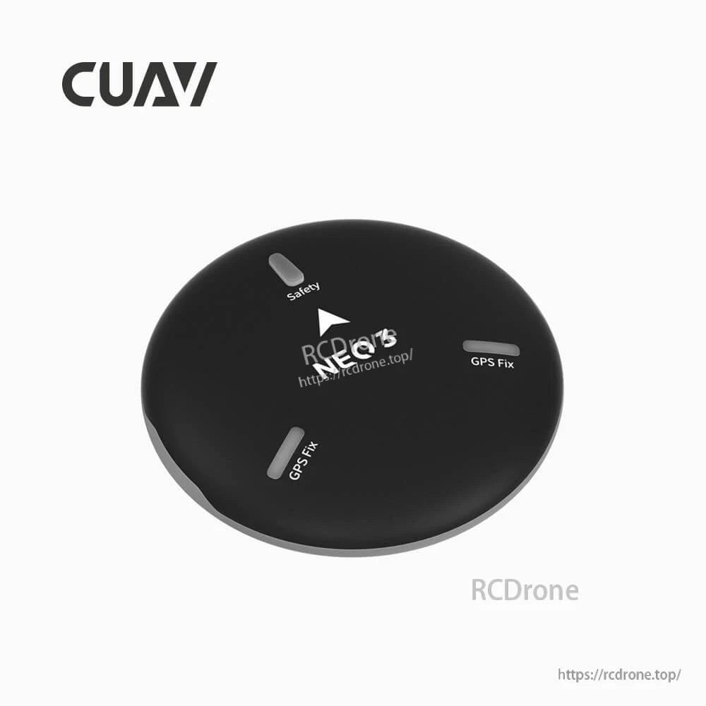 CUAV NEO 3 GPS puck module with round black housing and status indicators labeled Safety and GPS Fix