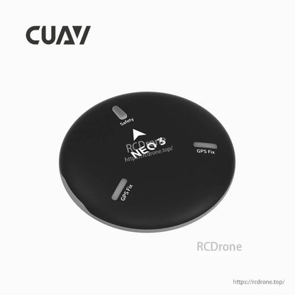CUAV NEO 3 GPS puck module with round black housing and status indicators labeled Safety and GPS Fix