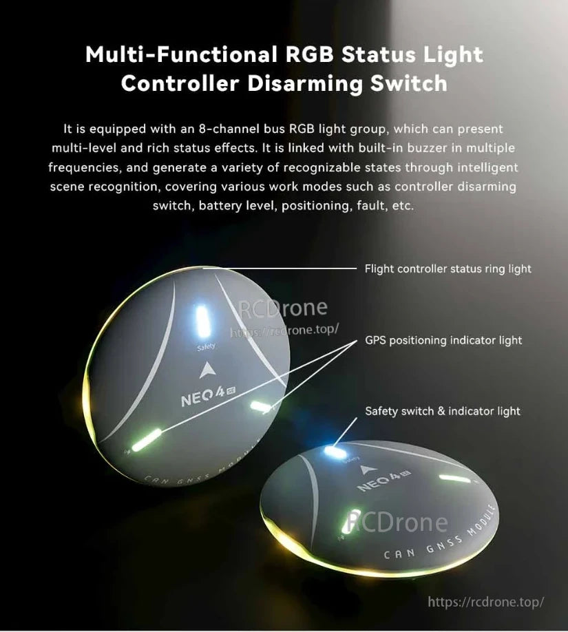 CUAV NEO 4 SE GPS, NEO 4 SE features an RGB status light controller with scene recognition, alerts, and buzzer for flight modes, battery, positioning, and faults.