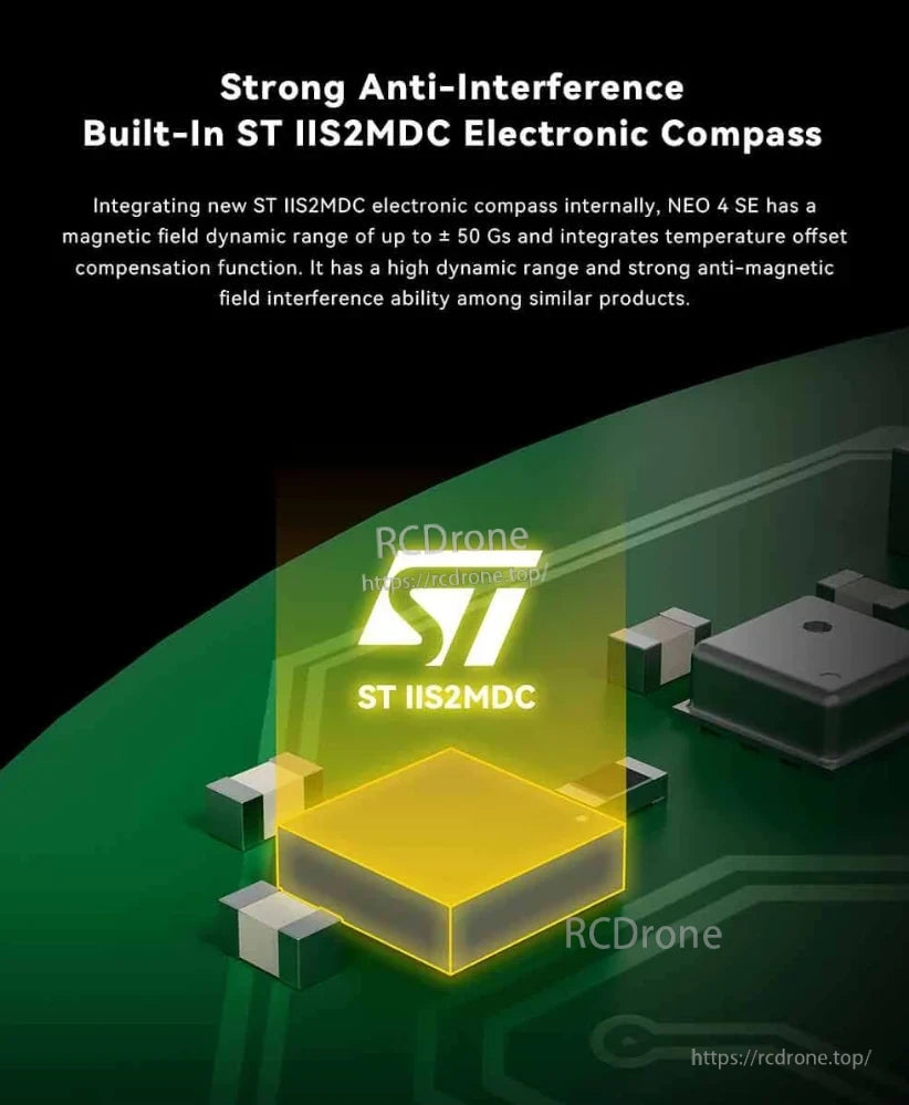CUAV NEO 4 SE GPS, The NEO 4 SE features an ST IIS2MDC compass with ±50 Gs range, temperature compensation, and enhanced anti-interference performance.