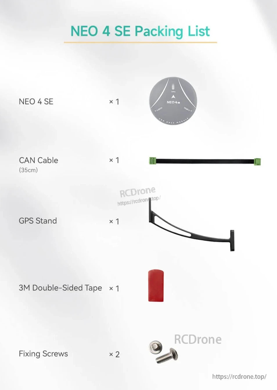 CUAV NEO 4 SE GPS, NEO 4 SE includes device, CAN cable, GPS stand, tape, and two screws for installation.