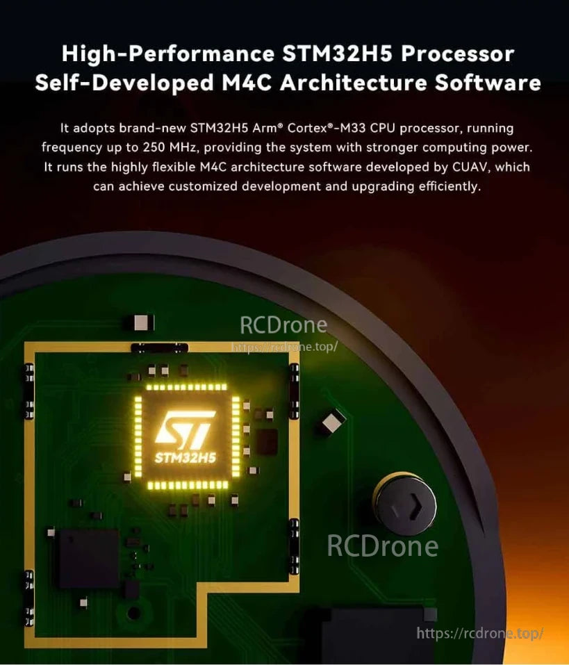 CUAV NEO 4 SE GPS, High-performance STM32H5 with Cortex-M33 (250 MHz) runs CUAV's M4C software for customizable, upgradable drone control.