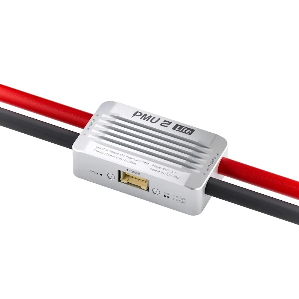 CUAV PMU 2 Lite power module with heavy-gauge red/black leads, POWER port, and status LEDs