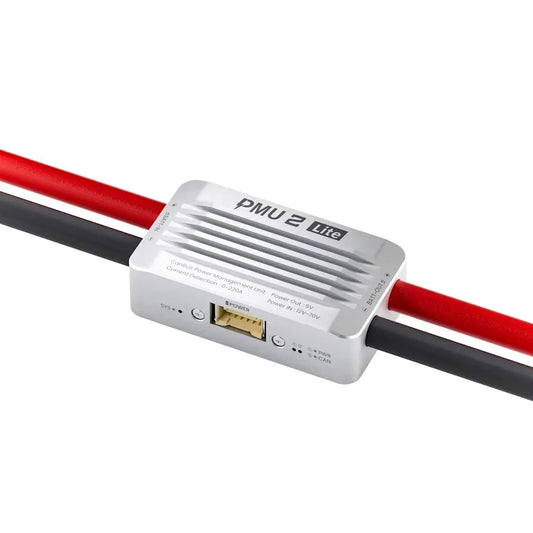 CUAV PMU 2 Lite power module with heavy-gauge red/black leads, POWER port, and status LEDs