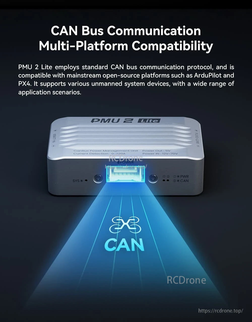 CUAV PMU 2 Lite Power Module, CUAV PMU 2 Lite CAN bus power module with POWER port and PWR/CAN status LEDs, 12–70V input, 5V output