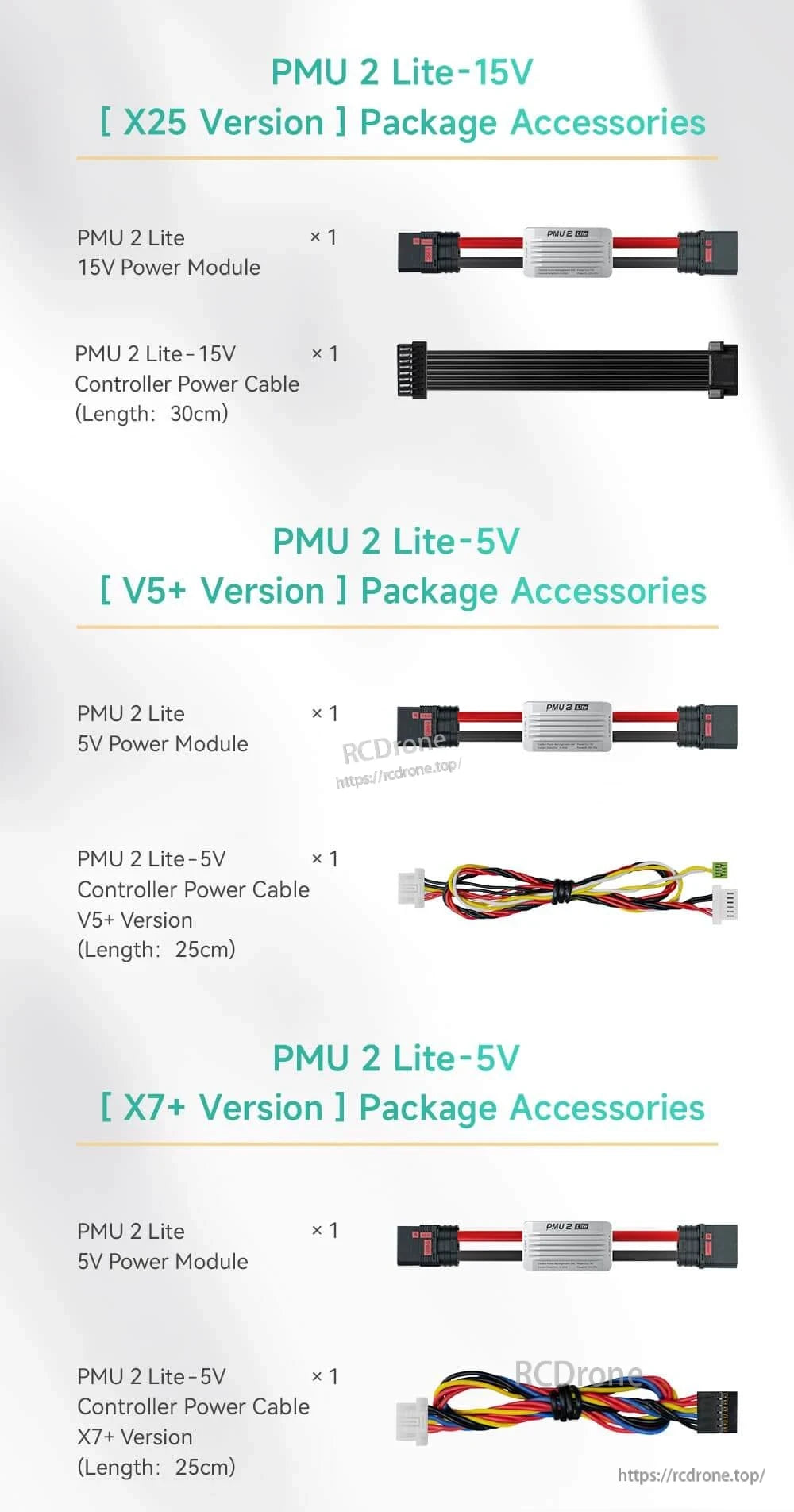 CUAV PMU 2 Lite power module package accessories showing 15V and 5V versions with controller power cables (25–30cm)