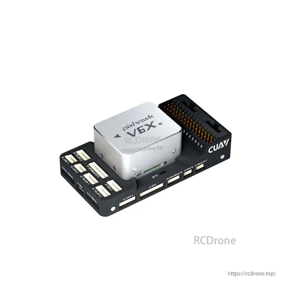 CUAV Pixhawk V6X V2 drone flight controller module with metal case and labeled CAN, GPS, TELEM, and PWM ports