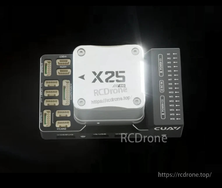 CUAV X25 EVO Autopilot Flight Controller, CUAV X25 EVO: STM32H7-based autopilot with triple IMU, dual baro, RM3100 magnetometer, CAN, 16 PWM outputs, compatible with PX4 and ArduPilot.