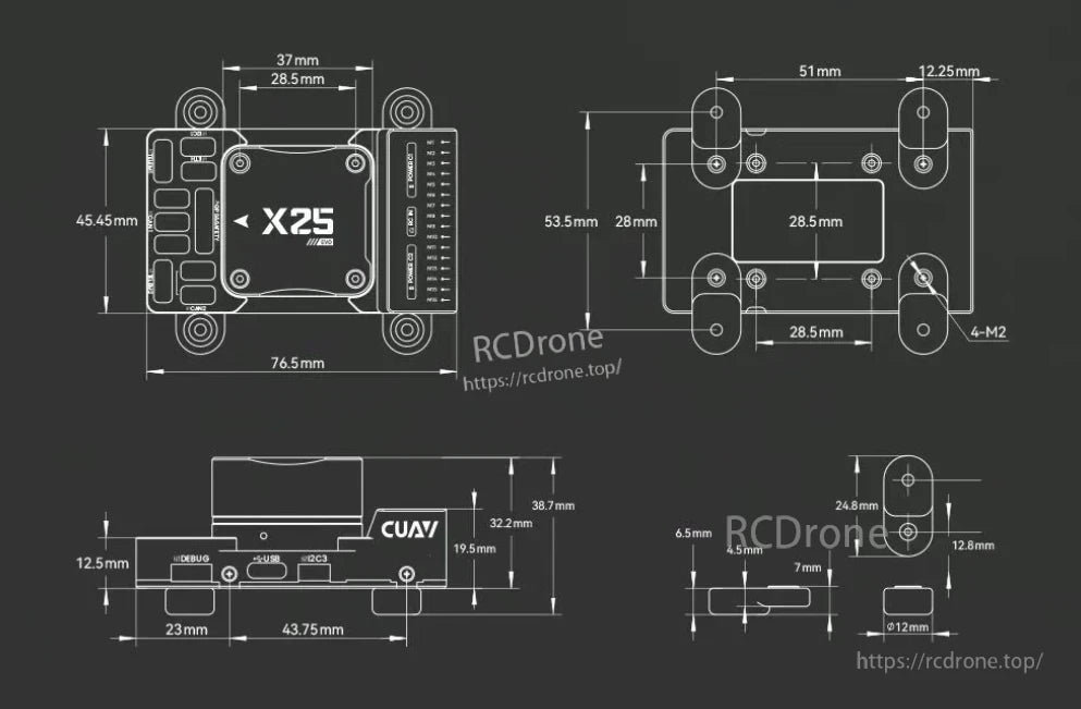 CUAV X25 EVO Autopilot Flight Controller, The CUAV X25 EVO flight controller (76.5mm x 45.45mm) has debug, USB, and I2C3 ports, and mounts securely with four M2 screws.