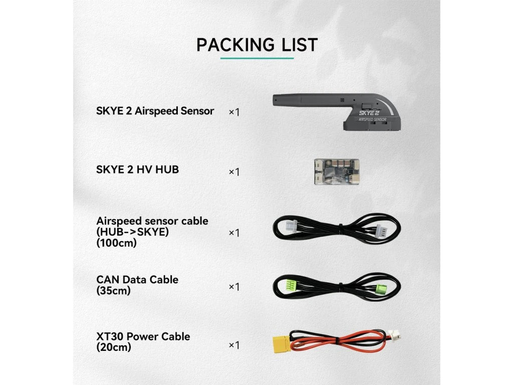 CUAV SKYE 2 Airspeed Sensor, Packing list for Skye 2 Airspeed Sensor includes HV hub, airspeed sensor cable, CAN data cable, and XT30 power cable.