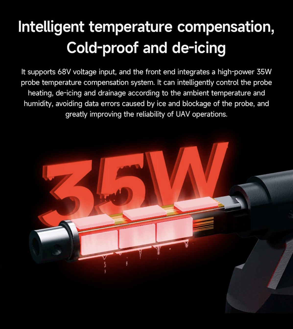 CUAV SKYE 2 Airspeed Sensor, The airspeed sensor features intelligent temperature compensation that prevents icing and data errors, ensuring UAV reliability.