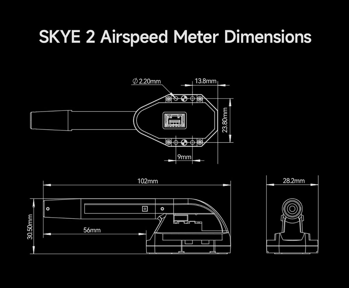 CUAV SKYE 2 Airspeed Sensor, The SKYE 2 Airspeed Meter measures 220mm long, 138mm wide, and 102mm high.